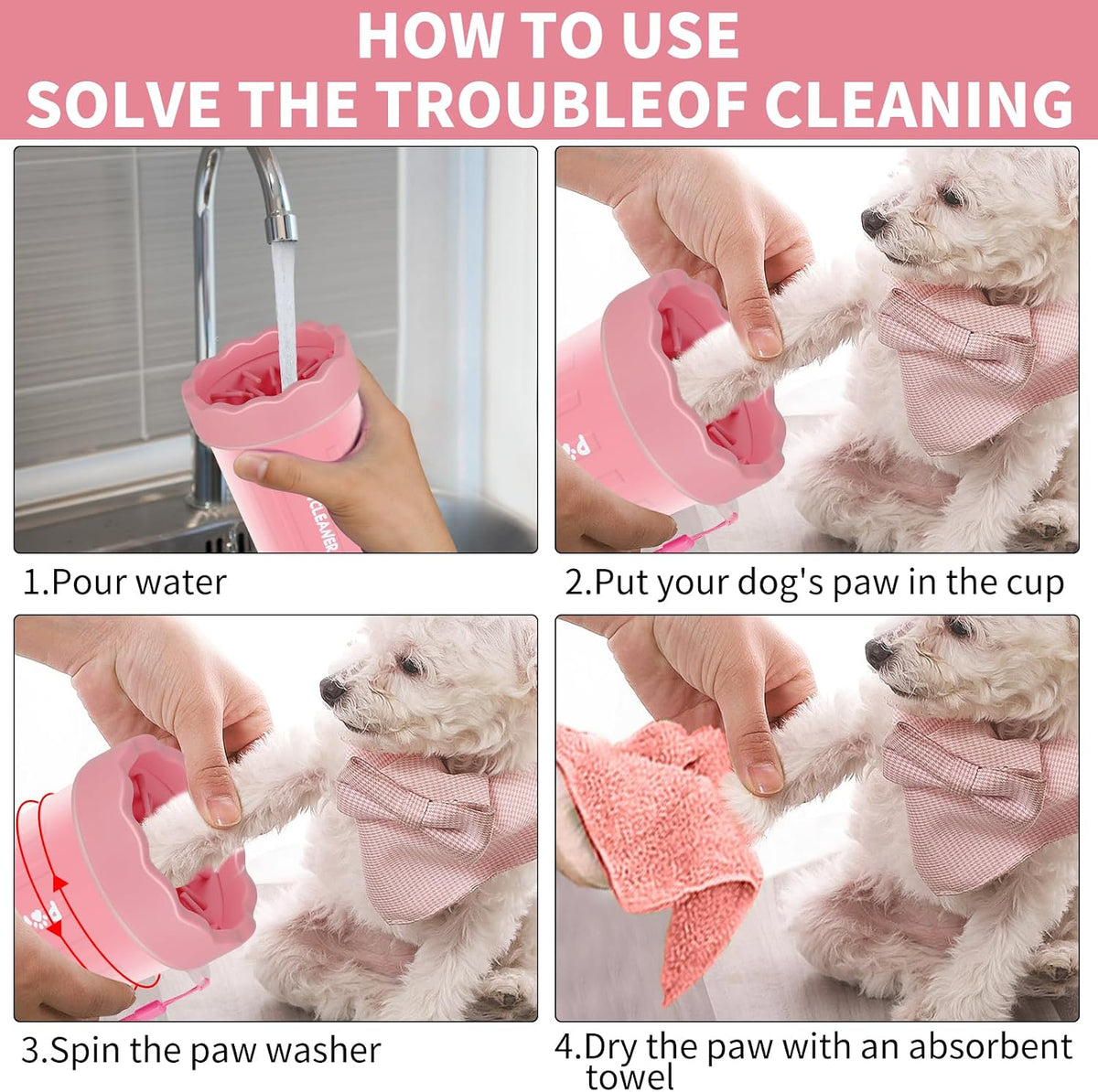 Professional 7 in 1 Dog Paw Cleaner for Dogs & Cats - Includes 1 Portable Paw Washer, 1 Bath Brush, 2 Dog Toothbrushes and 3 Absorbent Towels Note: Fits Paws up to 2 Inches Wide (Small, Light Pink)