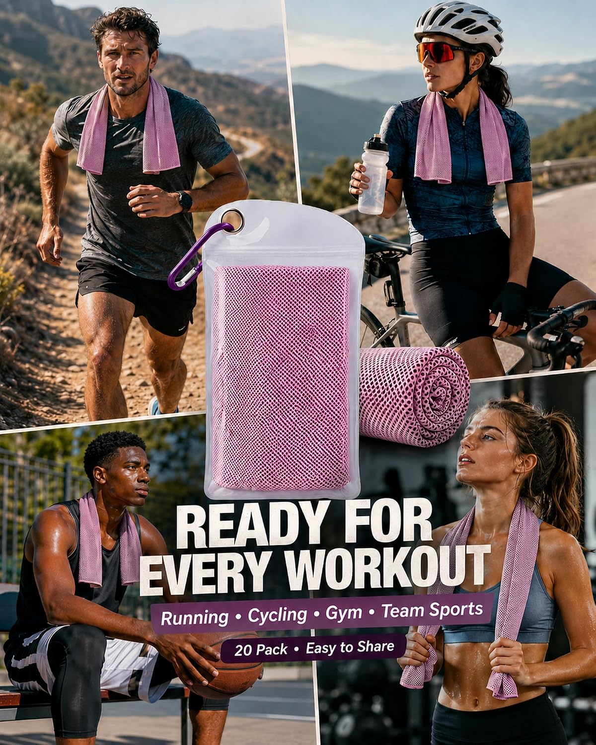 Pack of 20 Cooling Towel 40x12'' Ice Towel for Neck and Face Microfiber Chilly with Bag Breathable Yoga Gym Stay Cool Towels Sweat Rag for Workout Running Camping Pilates Beach, Pink