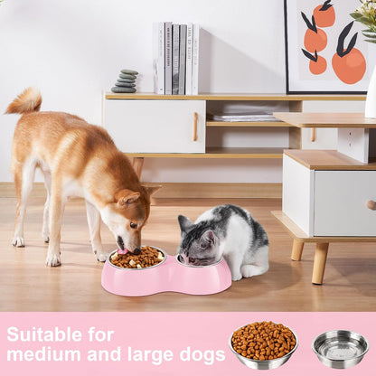 Double Dog Bowls Set – Non-Slip Pet Food & Water Dishes with Resin Stand, Includes Small (1 Cup) & Medium (2 Cups) Bowls – Ideal for Puppies and Cats– Pink