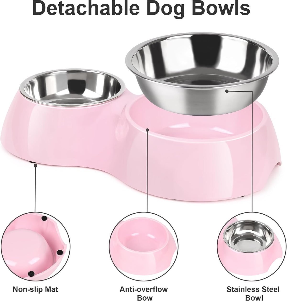 Double Dog Bowls Set – Non-Slip Pet Food & Water Dishes with Resin Stand, Includes Small (1 Cup) & Medium (2 Cups) Bowls – Ideal for Puppies and Cats– Pink