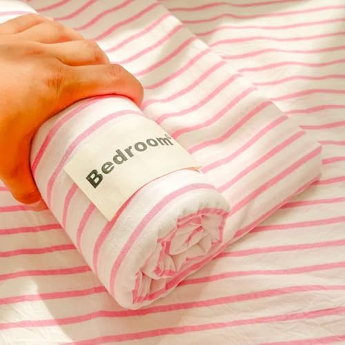 Pink Striped Sheets Queen Bedding Set Flat Sheet and Pillowcases Soft Cozy