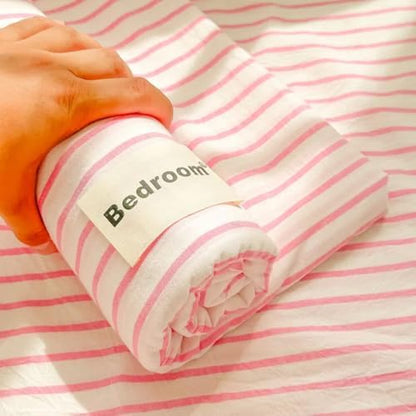 Pink Striped Sheets Queen Bedding Set Flat Sheet and Pillowcases Soft Cozy