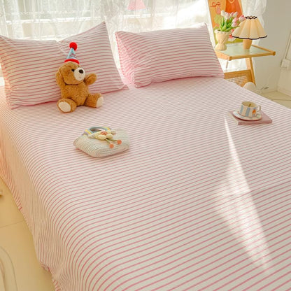 Pink Striped Sheets Queen Bedding Set Flat Sheet and Pillowcases Soft Cozy