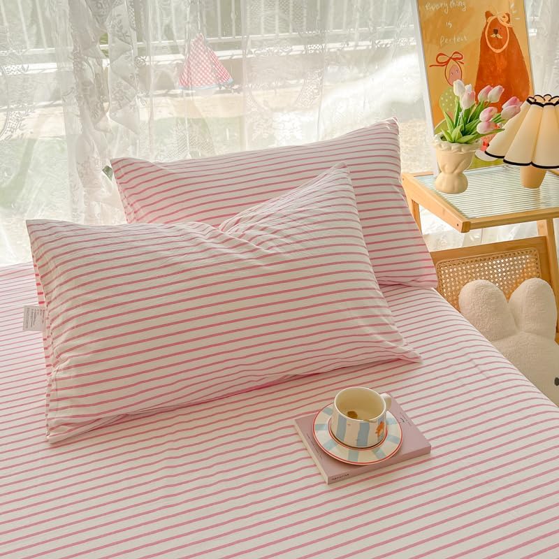 Pink Striped Sheets Queen Bedding Set Flat Sheet and Pillowcases Soft Cozy
