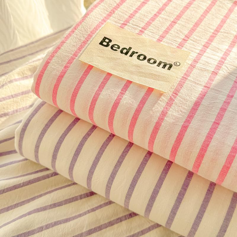 Pink Striped Sheets Queen Bedding Set Flat Sheet and Pillowcases Soft Cozy