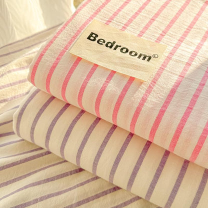 Pink Striped Sheets Queen Bedding Set Flat Sheet and Pillowcases Soft Cozy