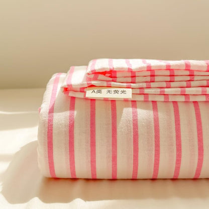 Pink Striped Sheets Queen Bedding Set Flat Sheet and Pillowcases Soft Cozy
