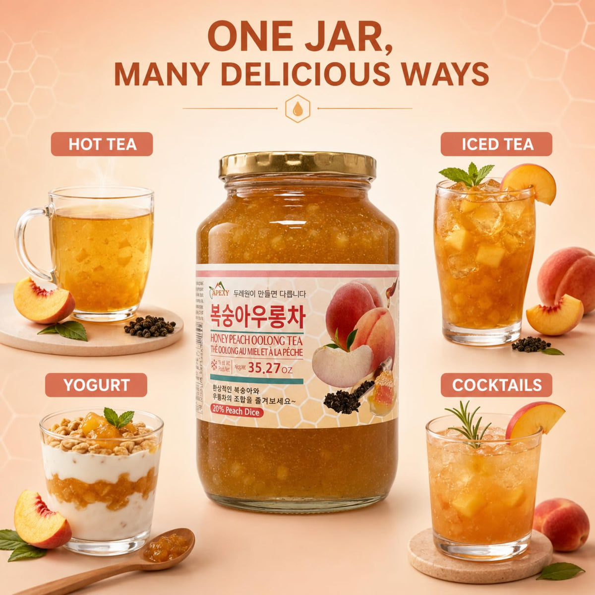 Korean Honey Peach Oolong Tea – Made with Real Fruit, No Artificial Colors – Premium Drink Base, Smoothies, Desserts, Cocktails, Yogurt, Spreads Made in KOREA 35.27oz (1kg). (Peach Oolong Tea)