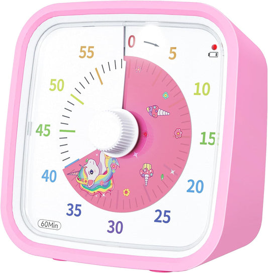 Unicorn Visual Timer for Kids, Silent 60-min Countdown Timer, Pink