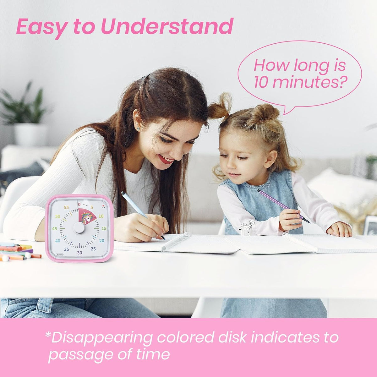 Unicorn Visual Timer for Kids, Silent 60-min Countdown Timer, Pink