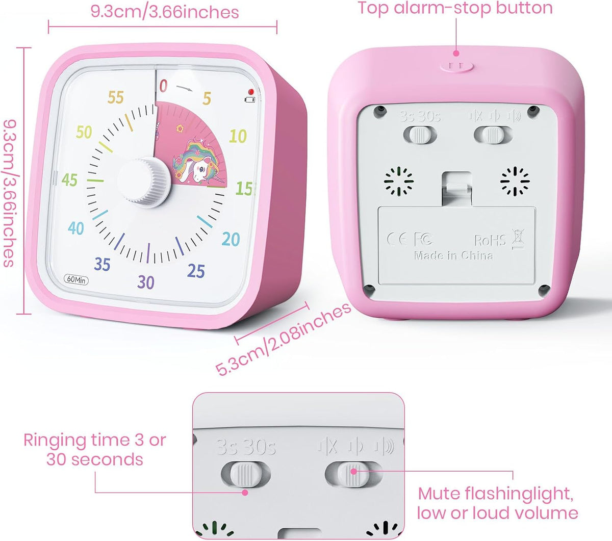 Unicorn Visual Timer for Kids, Silent 60-min Countdown Timer, Pink