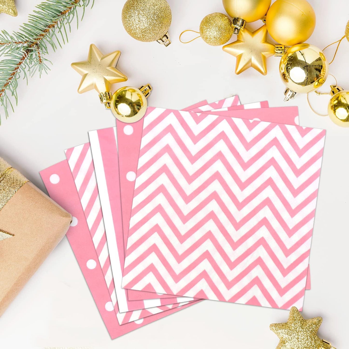 Disposable Striped Chevron Polka Dot Pink Paper Luncheon Napkins 60 Count 13"x13"