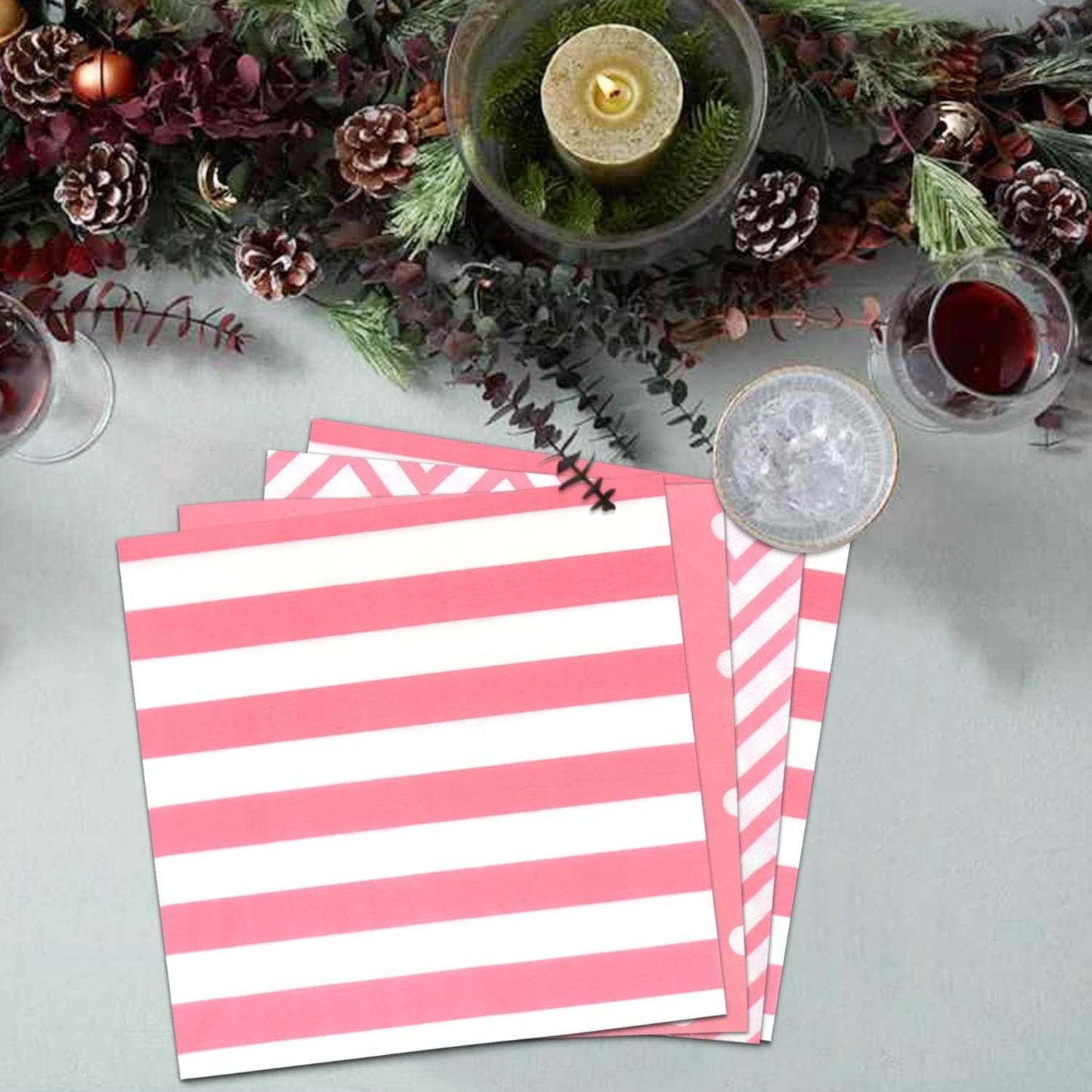 Disposable Striped Chevron Polka Dot Pink Paper Luncheon Napkins 60 Count 13"x13"