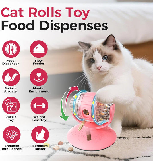 Cats Slow Feeder 4.6" High Cat & Dog Dry Food Dispenser Toy with Wine Barrel Spinner, Treat Dispenser for Boredom & Anxiety Relief, IQ Training for Small/Medium Pets (Pink)