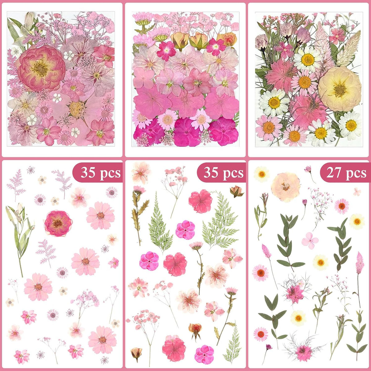 167 Pcs Pressed Dried Flowers for Resin, Pink, Candy Style