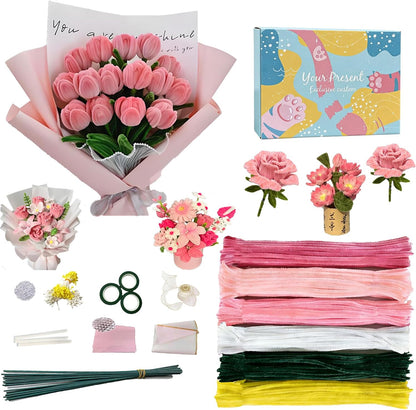 Pipe Cleaners Flowers, Pink Pipe Cleaners Craft, 500+ Pcs Pipe Cleaner Flower Kit with Wrapping Paper & Floral Tape, DIY Tulip Rose Bouquet Arts and Crafts Supplies for Gifts