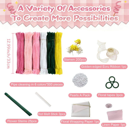 Pipe Cleaners Flowers, Pink Pipe Cleaners Craft, 500+ Pcs Pipe Cleaner Flower Kit with Wrapping Paper & Floral Tape, DIY Tulip Rose Bouquet Arts and Crafts Supplies for Gifts