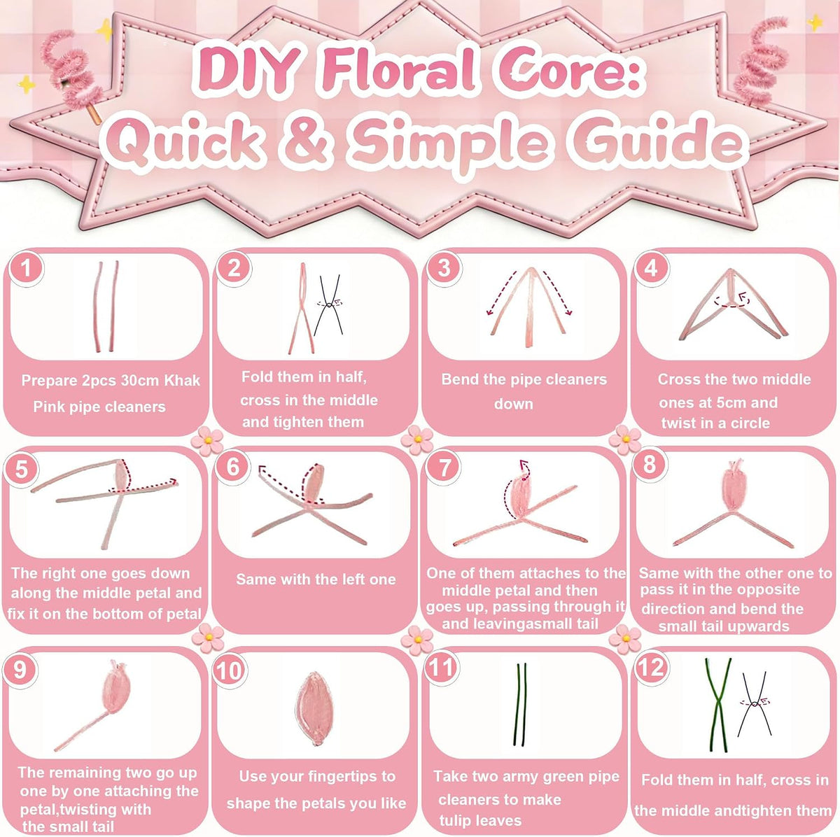 Pipe Cleaners Flowers, Pink Pipe Cleaners Craft, 500+ Pcs Pipe Cleaner Flower Kit with Wrapping Paper & Floral Tape, DIY Tulip Rose Bouquet Arts and Crafts Supplies for Gifts