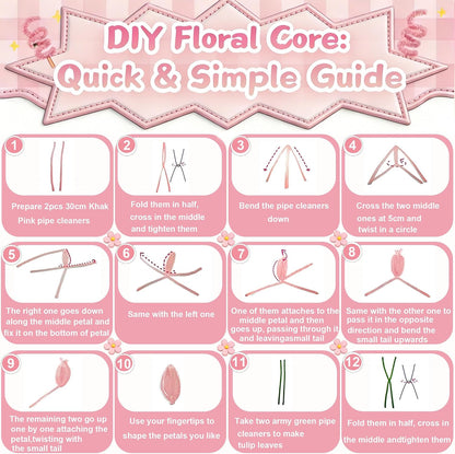 Pipe Cleaners Flowers, Pink Pipe Cleaners Craft, 500+ Pcs Pipe Cleaner Flower Kit with Wrapping Paper & Floral Tape, DIY Tulip Rose Bouquet Arts and Crafts Supplies for Gifts