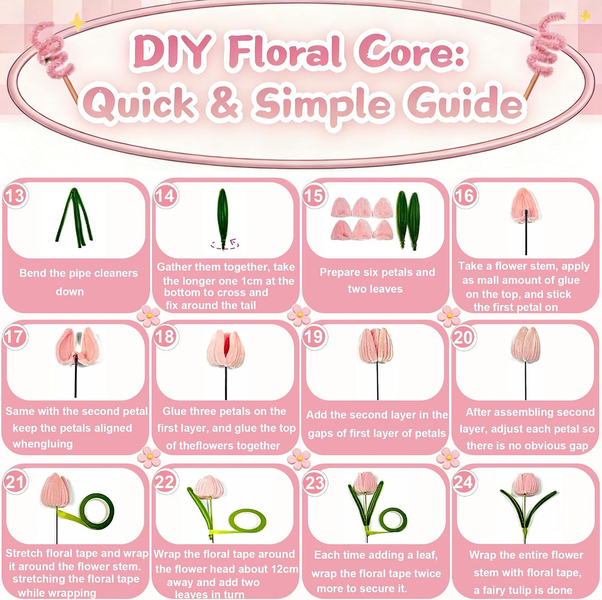 Pipe Cleaners Flowers, Pink Pipe Cleaners Craft, 500+ Pcs Pipe Cleaner Flower Kit with Wrapping Paper & Floral Tape, DIY Tulip Rose Bouquet Arts and Crafts Supplies for Gifts
