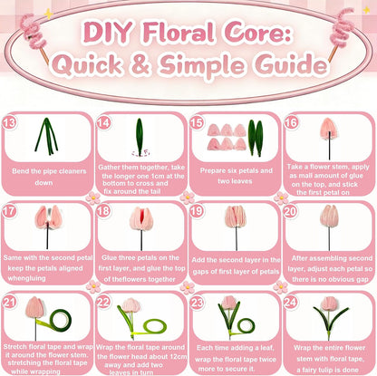 Pipe Cleaners Flowers, Pink Pipe Cleaners Craft, 500+ Pcs Pipe Cleaner Flower Kit with Wrapping Paper & Floral Tape, DIY Tulip Rose Bouquet Arts and Crafts Supplies for Gifts