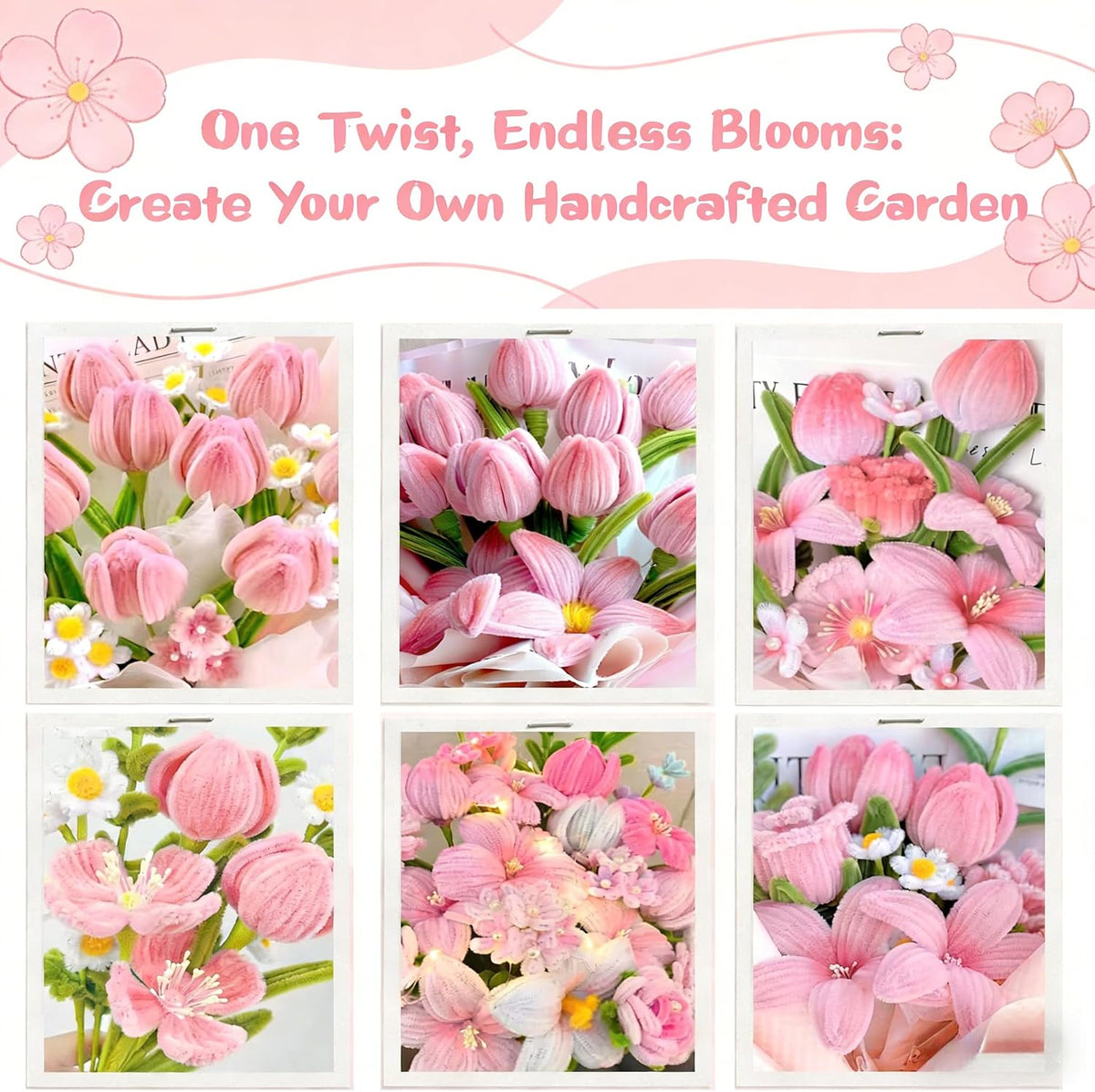 Pipe Cleaners Flowers, Pink Pipe Cleaners Craft, 500+ Pcs Pipe Cleaner Flower Kit with Wrapping Paper & Floral Tape, DIY Tulip Rose Bouquet Arts and Crafts Supplies for Gifts
