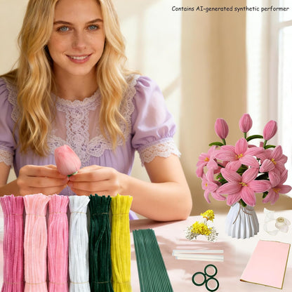 Pipe Cleaners Flowers, Pink Pipe Cleaners Craft, 500+ Pcs Pipe Cleaner Flower Kit with Wrapping Paper & Floral Tape, DIY Tulip Rose Bouquet Arts and Crafts Supplies for Gifts