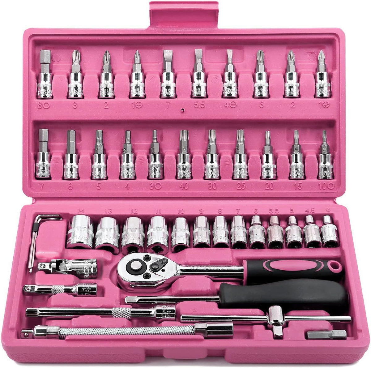 46 Pieces 1/4 inch Drive Socket Ratchet Wrench Set, with Bit Socket Set Metric and Extension Bar for Auto Repairing and Household, with Pink Storage Case