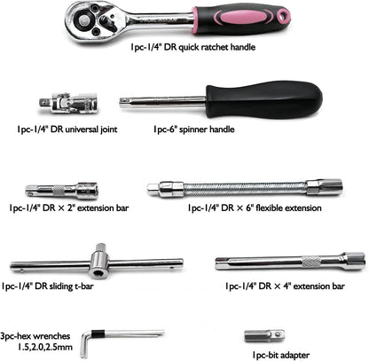 46 Pieces 1/4 inch Drive Socket Ratchet Wrench Set, with Bit Socket Set Metric and Extension Bar for Auto Repairing and Household, with Pink Storage Case