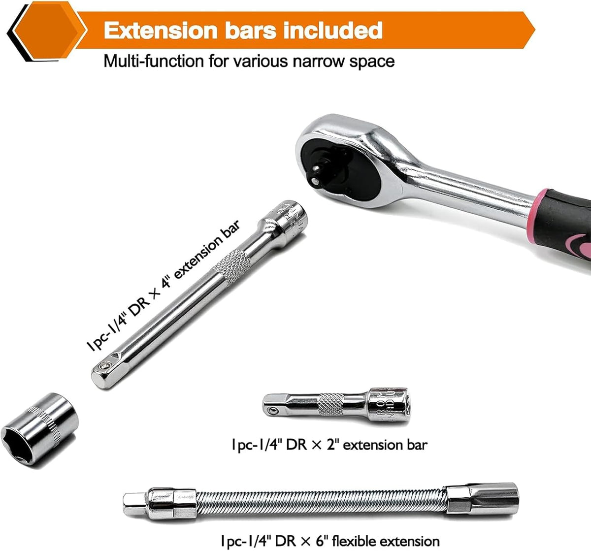 46 Pieces 1/4 inch Drive Socket Ratchet Wrench Set, with Bit Socket Set Metric and Extension Bar for Auto Repairing and Household, with Pink Storage Case