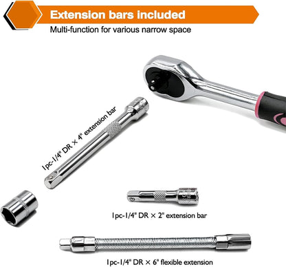 46 Pieces 1/4 inch Drive Socket Ratchet Wrench Set, with Bit Socket Set Metric and Extension Bar for Auto Repairing and Household, with Pink Storage Case