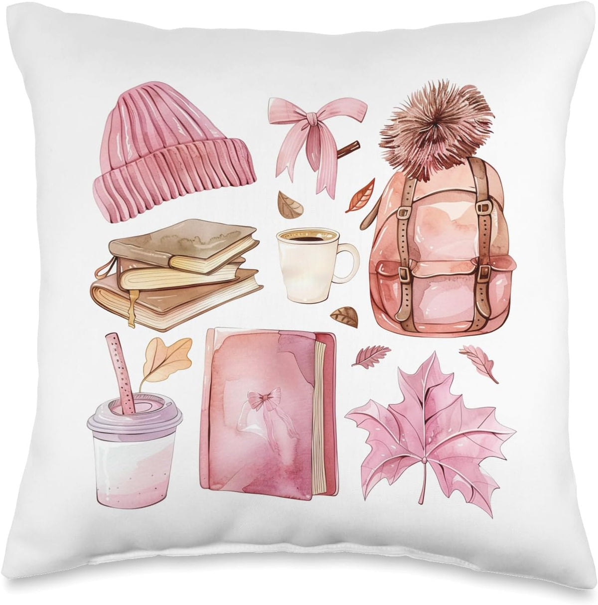 Pink Watercolor Fall Aesthetic with Books and Autumn Leaves Throw Pillow