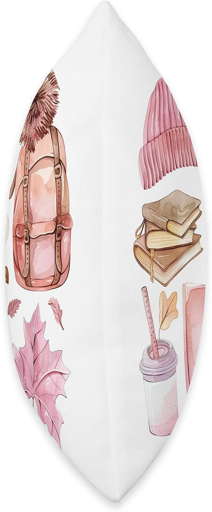 Pink Watercolor Fall Aesthetic with Books and Autumn Leaves Throw Pillow