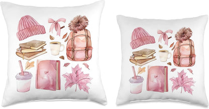 Pink Watercolor Fall Aesthetic with Books and Autumn Leaves Throw Pillow