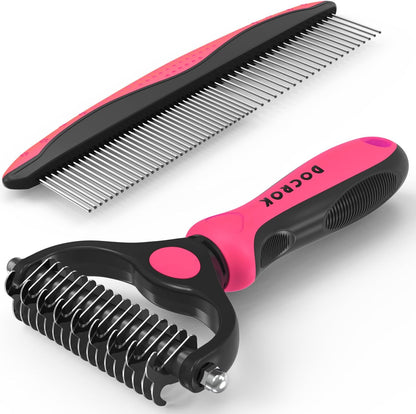 Pet Grooming Brush and Metal Comb Combo for Dogs & Cats, Pink