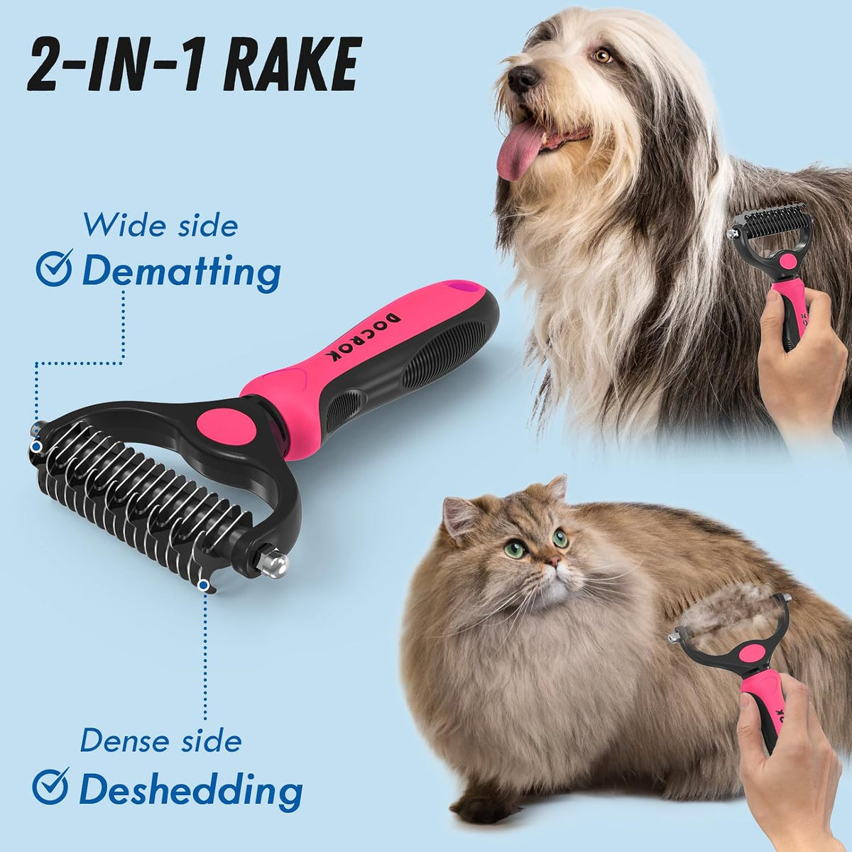 Pet Grooming Brush and Metal Comb Combo for Dogs & Cats, Pink