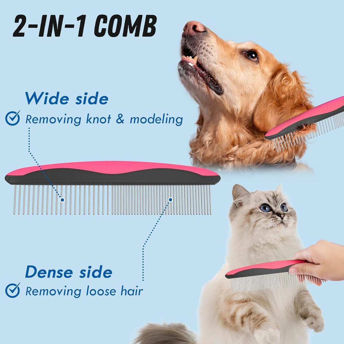 Pet Grooming Brush and Metal Comb Combo for Dogs & Cats, Pink