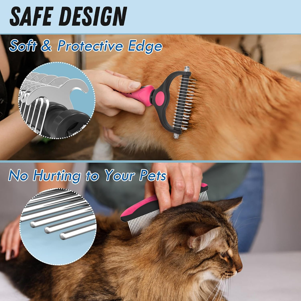 Pet Grooming Brush and Metal Comb Combo for Dogs & Cats, Pink