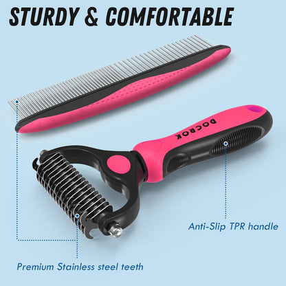 Pet Grooming Brush and Metal Comb Combo for Dogs & Cats, Pink