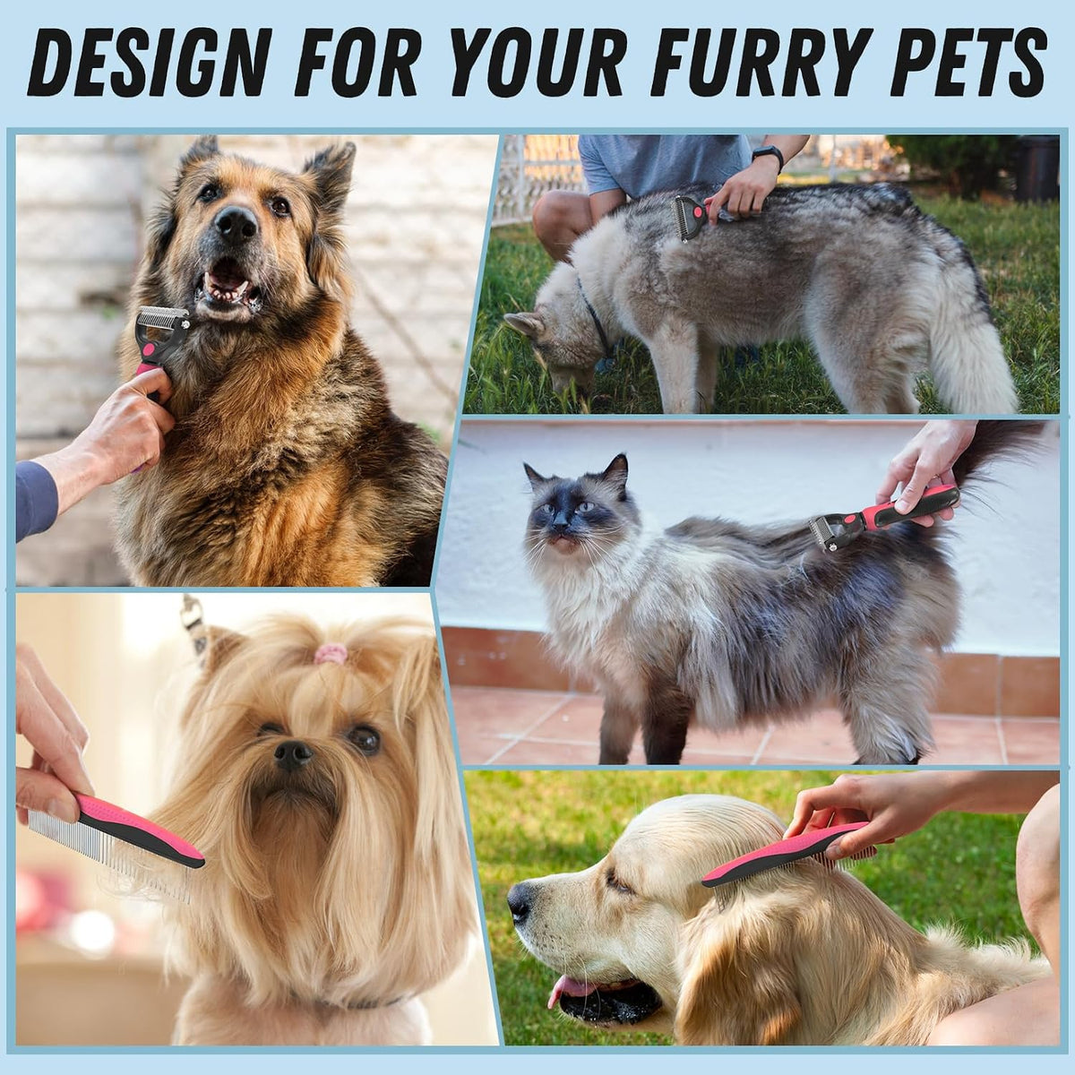 Pet Grooming Brush and Metal Comb Combo for Dogs & Cats, Pink