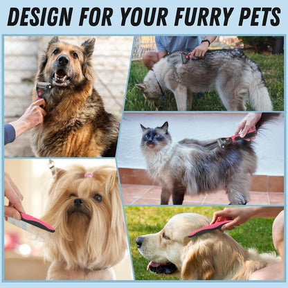 Pet Grooming Brush and Metal Comb Combo for Dogs & Cats, Pink