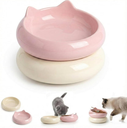 Cat Bowls, Ceramic Cat Bowl Food and Water Kitten Bowl Set, Pink & Beige