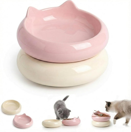 Cat Bowls, Ceramic Cat Bowl Food and Water Kitten Bowl Set, Pink & Beige