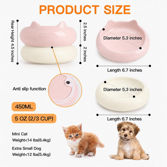 Cat Bowls, Ceramic Cat Bowl Food and Water Kitten Bowl Set, Pink & Beige