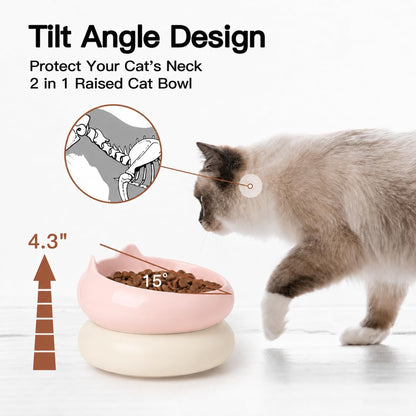 Cat Bowls, Ceramic Cat Bowl Food and Water Kitten Bowl Set, Pink & Beige