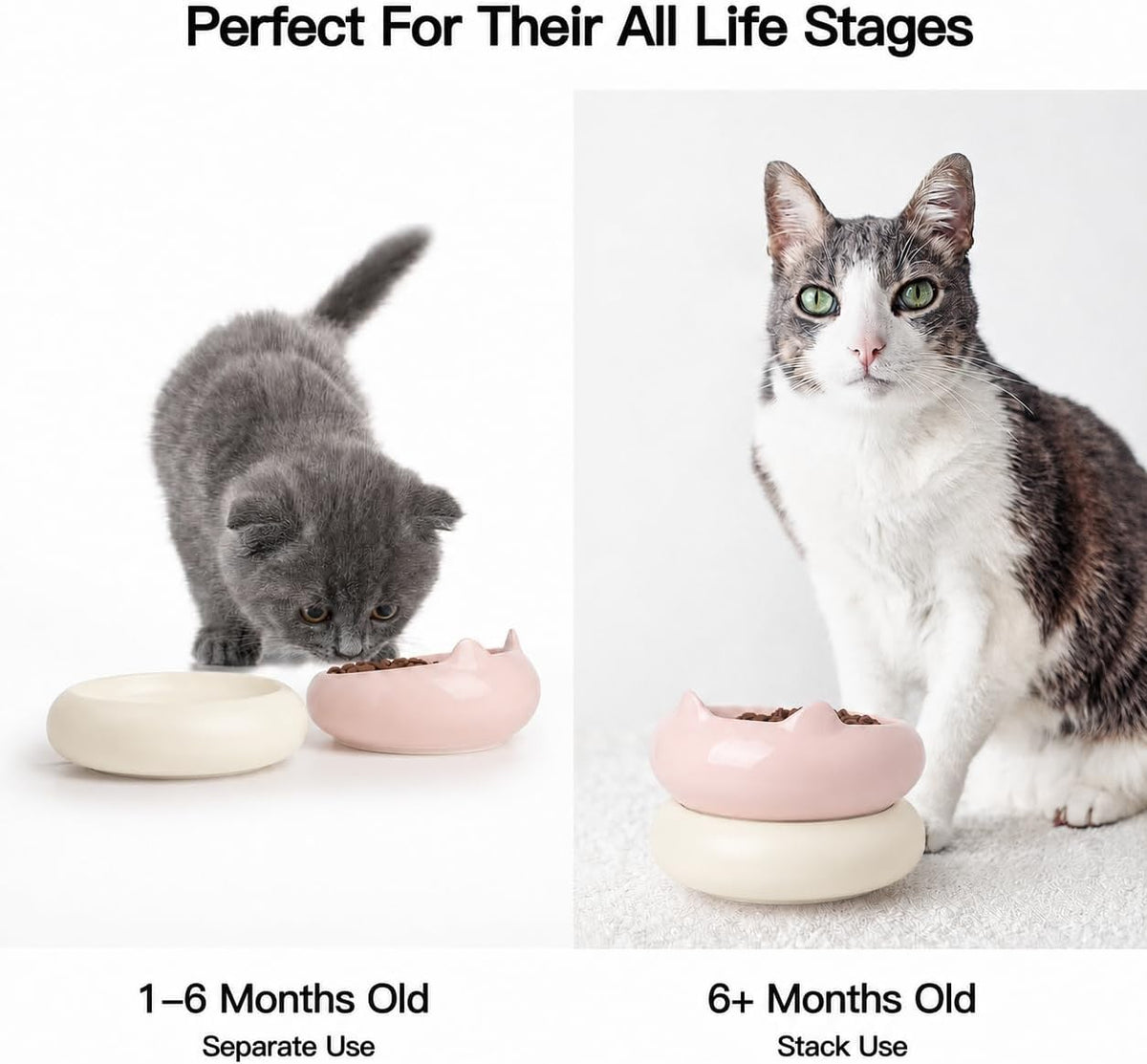 Cat Bowls, Ceramic Cat Bowl Food and Water Kitten Bowl Set, Pink & Beige