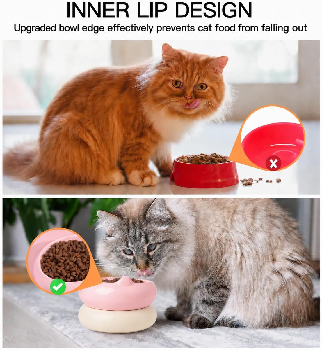 Cat Bowls, Ceramic Cat Bowl Food and Water Kitten Bowl Set, Pink & Beige