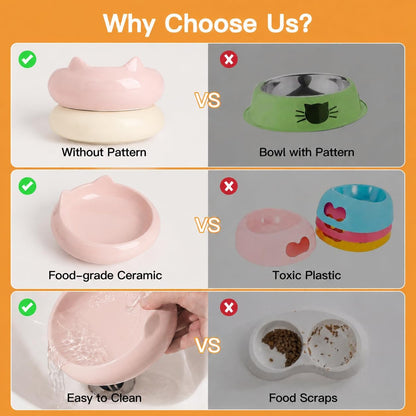 Cat Bowls, Ceramic Cat Bowl Food and Water Kitten Bowl Set, Pink & Beige