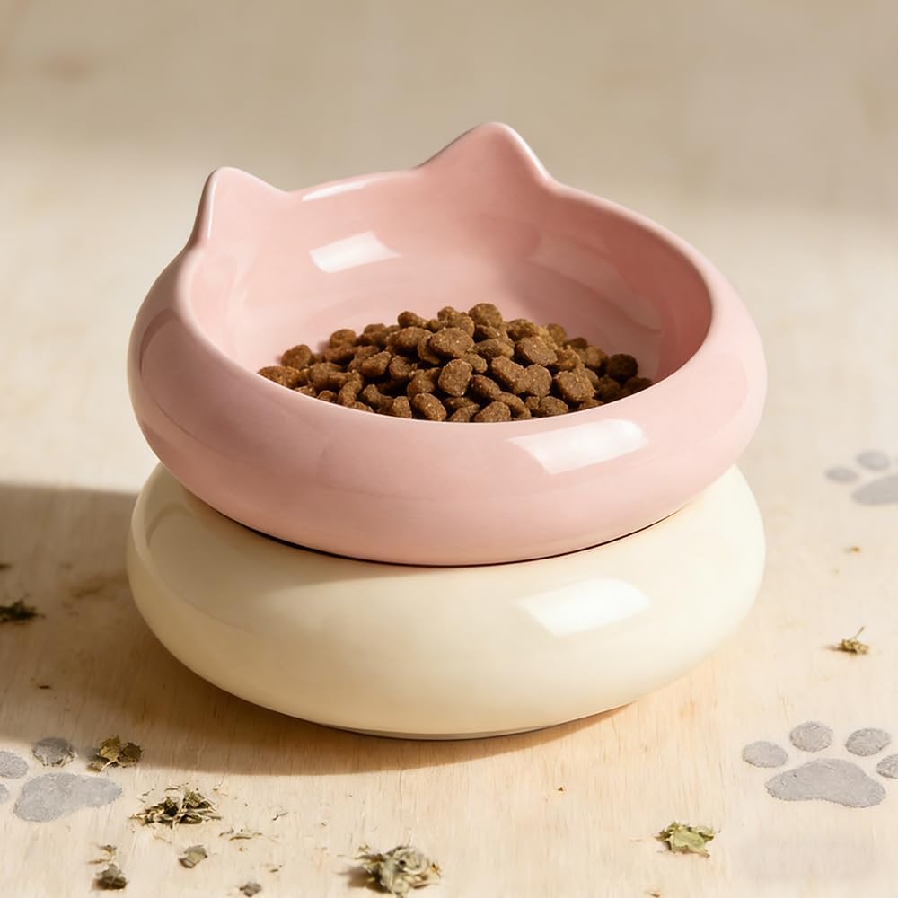 Cat Bowls, Ceramic Cat Bowl Food and Water Kitten Bowl Set, Pink & Beige
