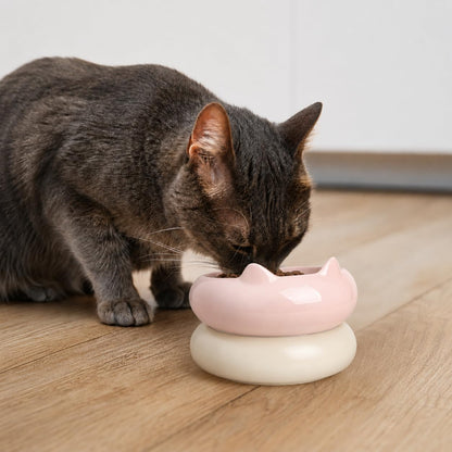 Cat Bowls, Ceramic Cat Bowl Food and Water Kitten Bowl Set, Pink & Beige
